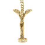 A 9ct gold key ring, suspending a Spirit of Ecstasy charm.Hallmarks for London 1989.
