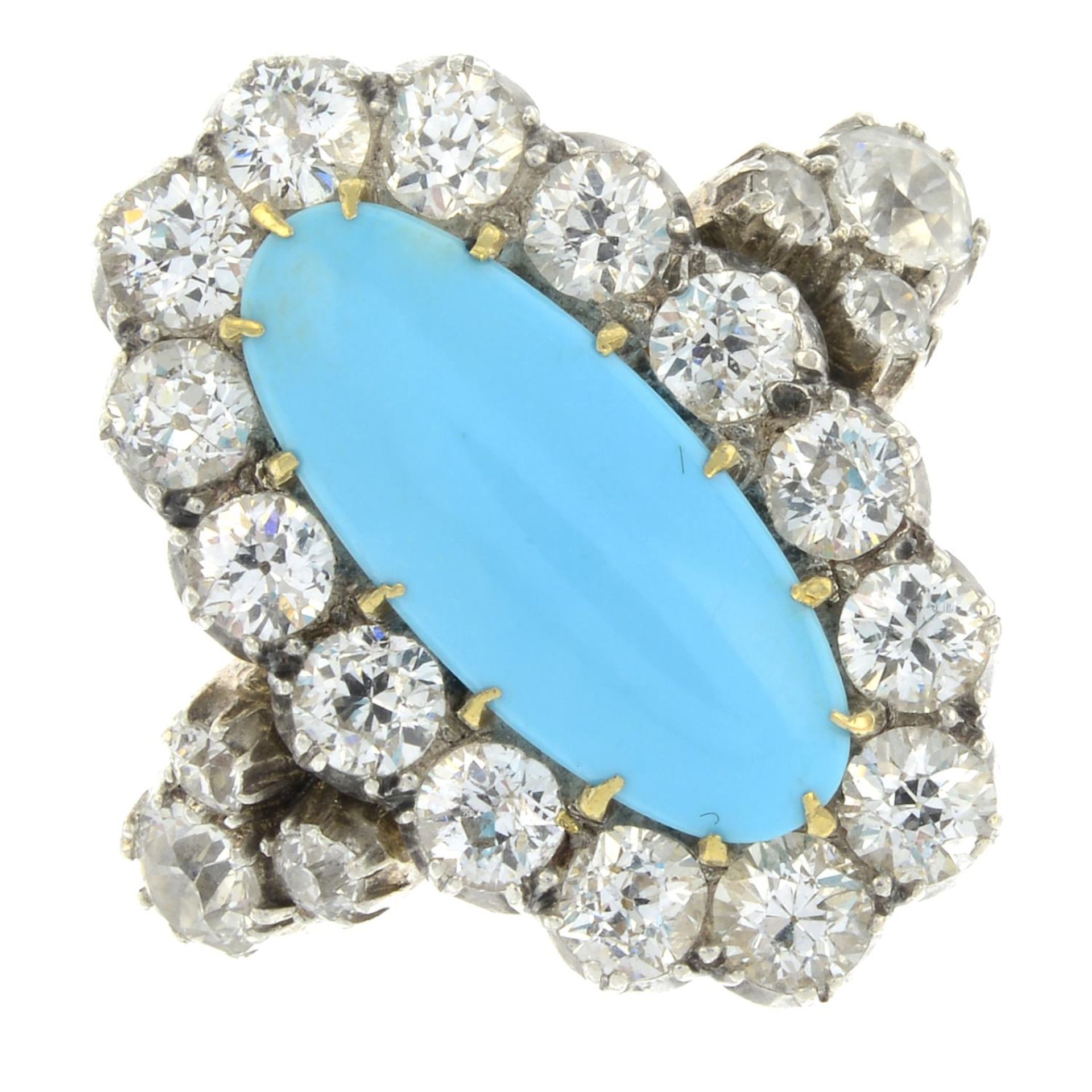 An early 20th century 18ct gold and silver, turquoise and old-cut diamond cluster ring.