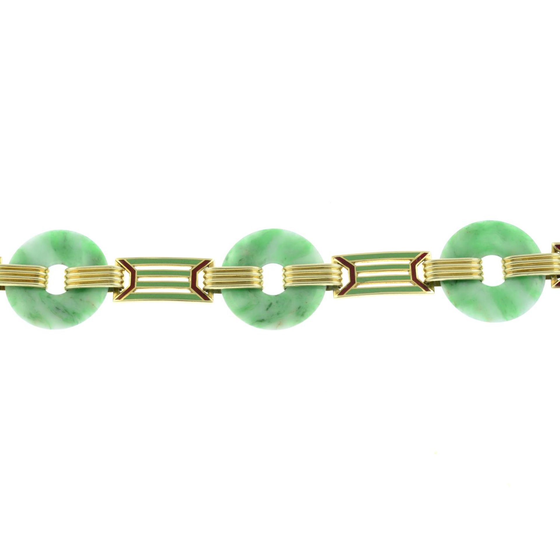 A mid 20th century 14ct gold jade Pi bracelet,