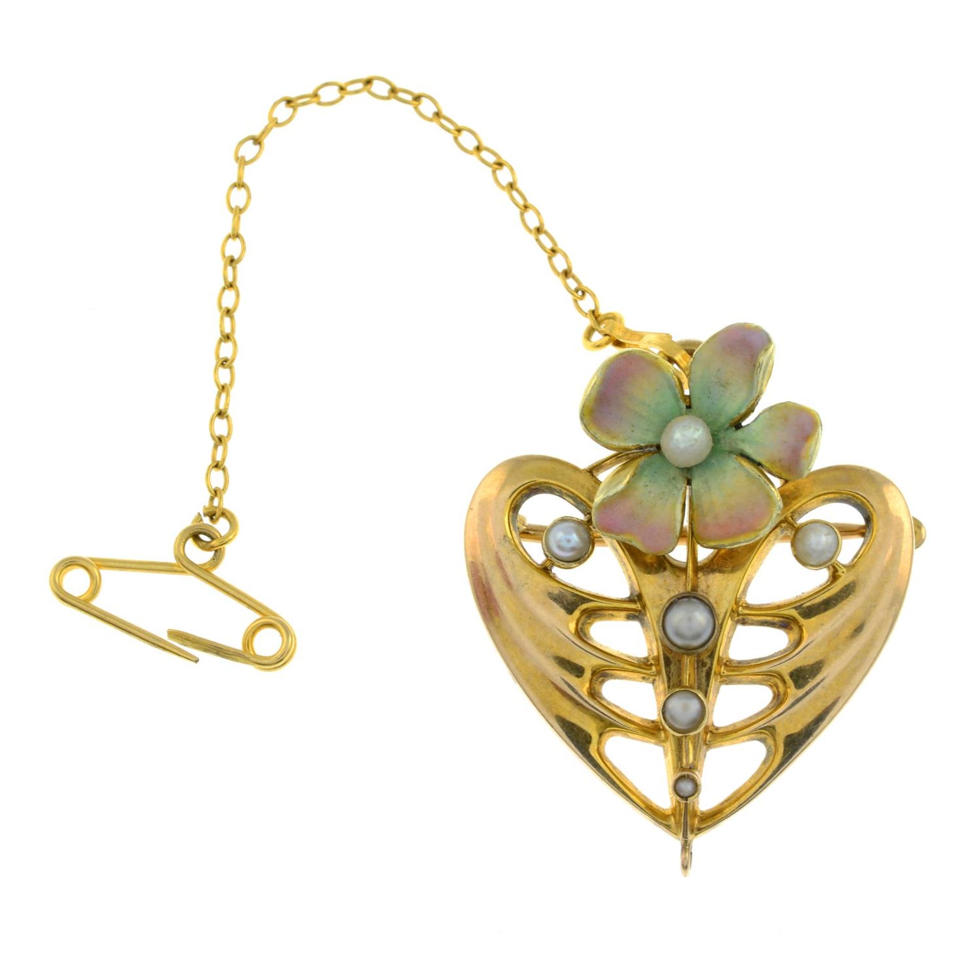 An Art Nouveau 9ct gold split pearl and polychrome enamel flower brooch.Stamped 9ct.Length 2.8cms. - Bild 3 aus 3