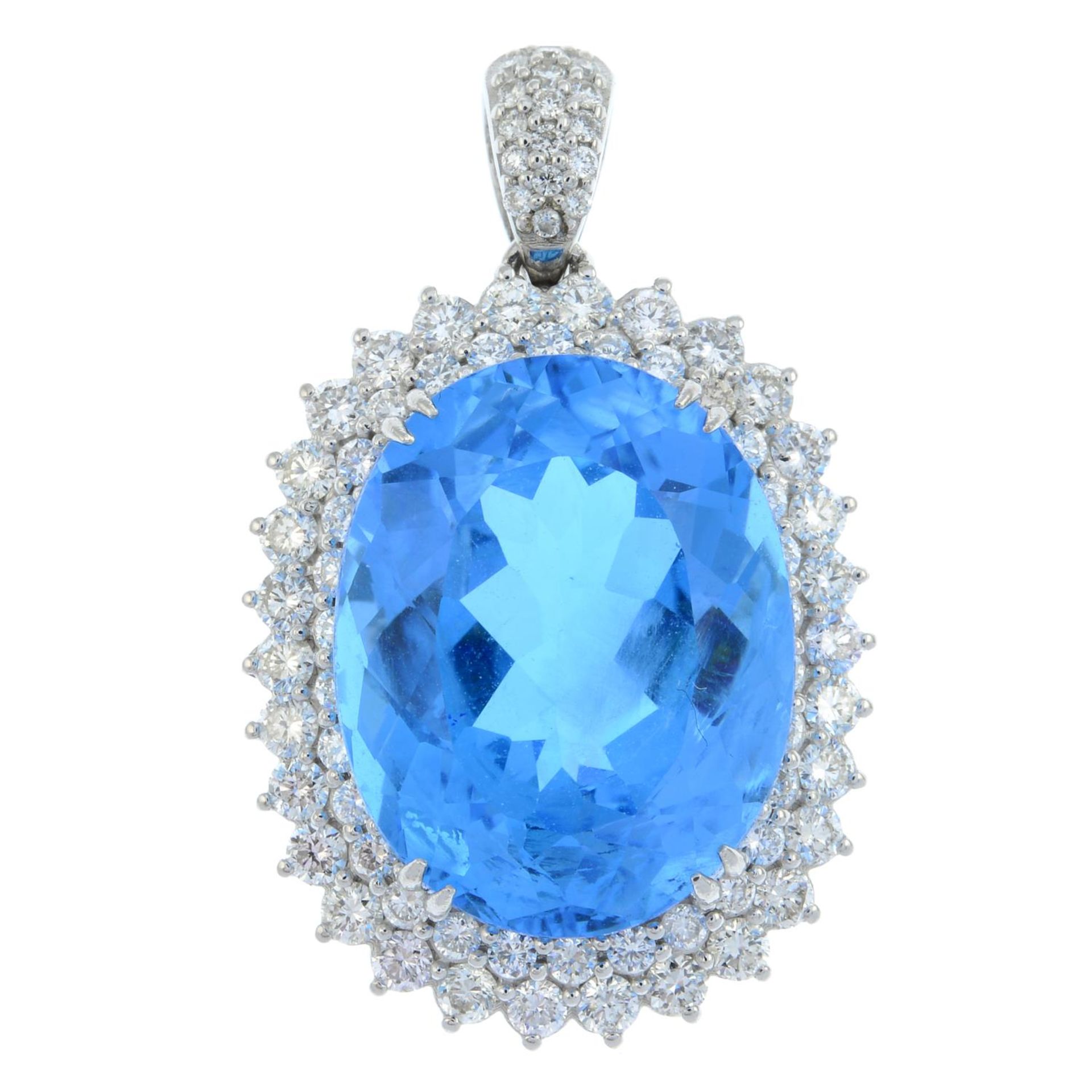 A blue topaz and brilliant-cut diamond cluster pendant.Topaz calculated weight 15.60cts based on