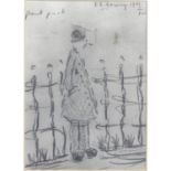After Lowry, a framed and glazed pencil sketch depicting a standing male figure,