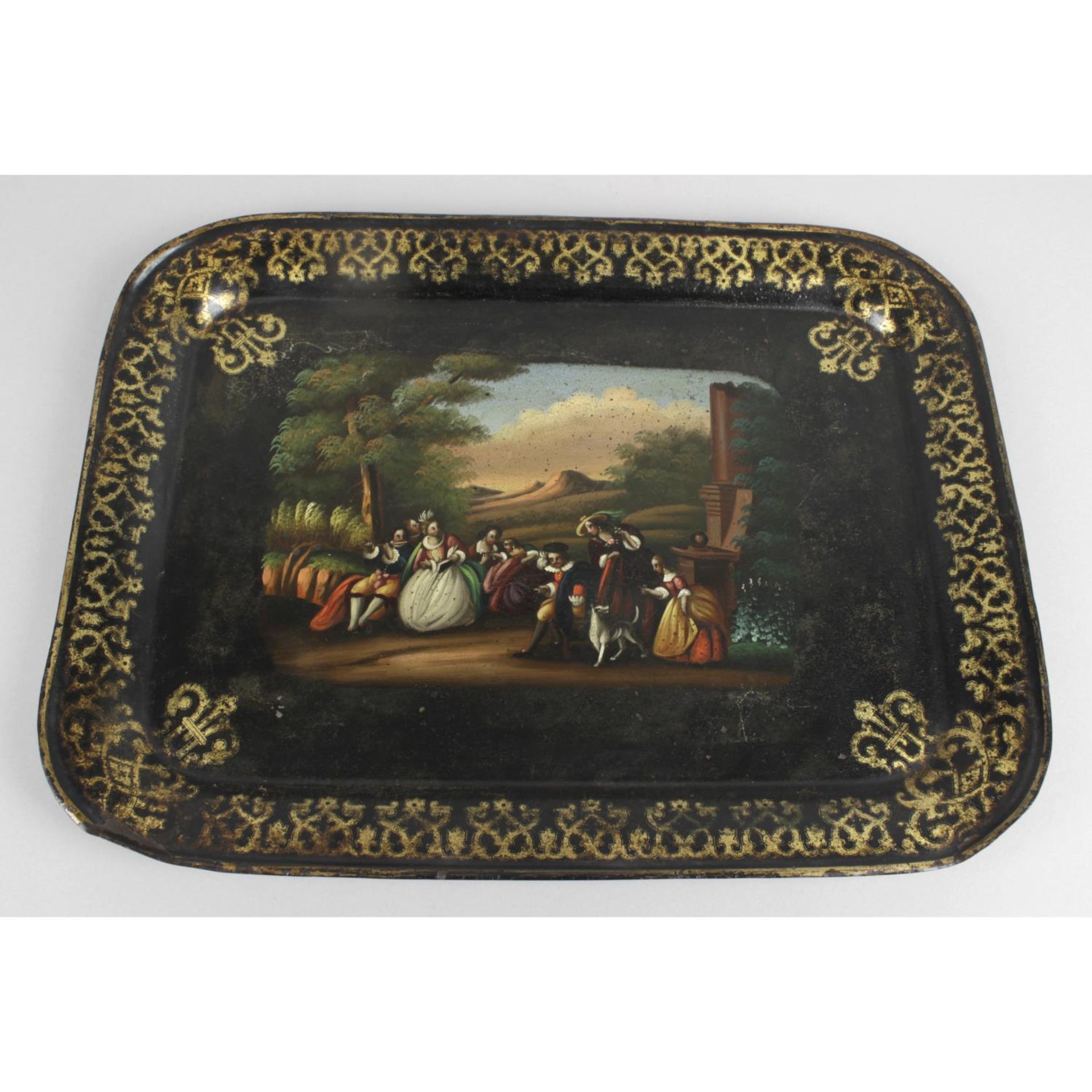 A late nineteenth century Toleware rectangular metal tray with raised border.