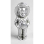 An unusual chromed car mascot, modelled as a young boy wearing a large top hat.