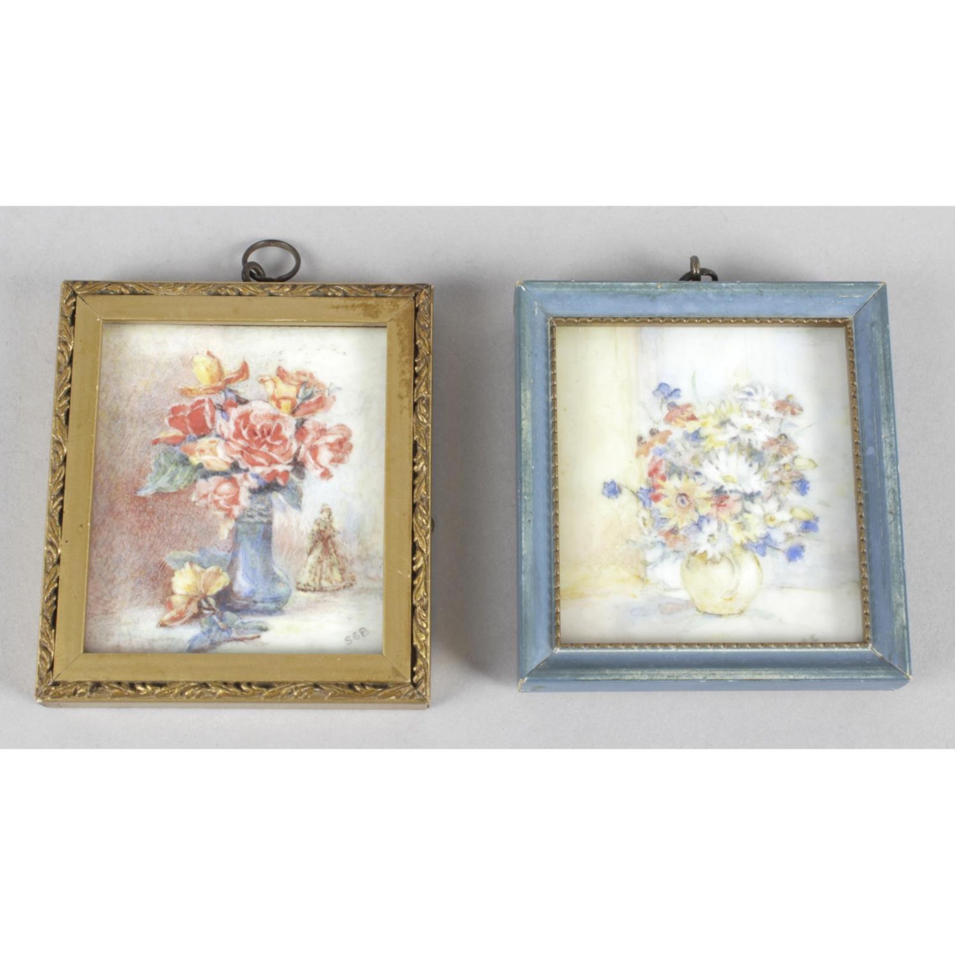 Two miniature paintings upon opaque glass panels,