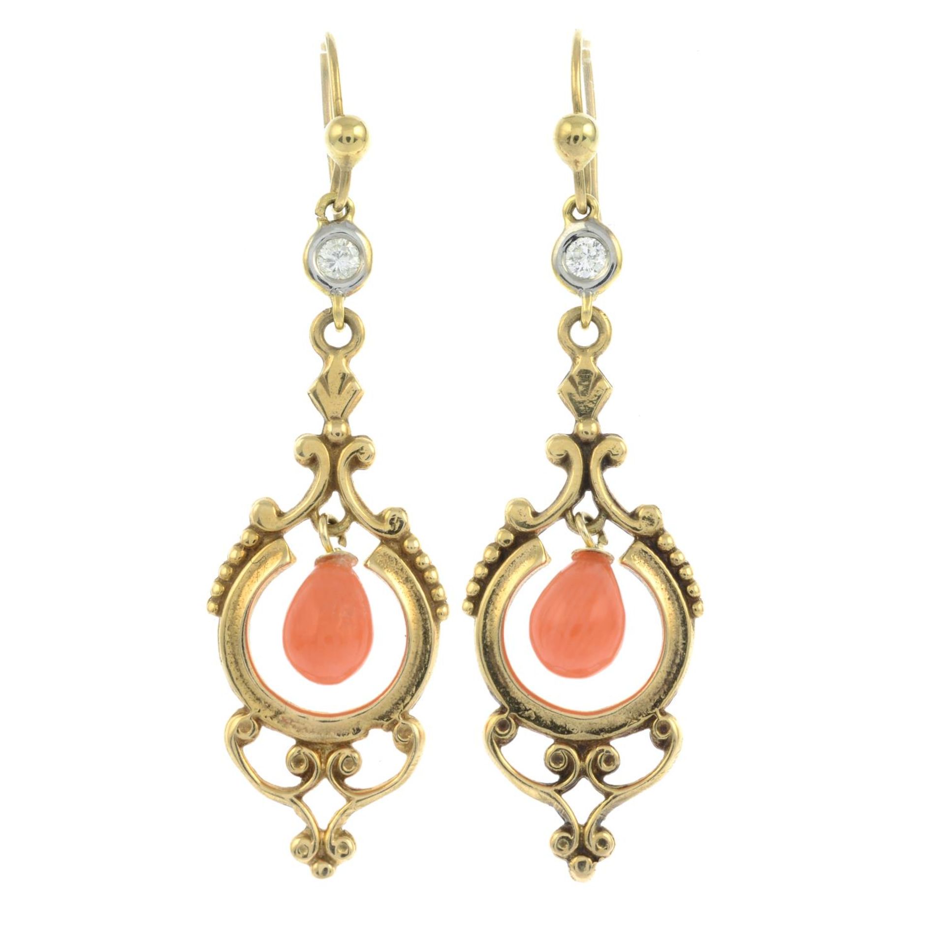 A pair of 9ct gold coral and diamond drop earrings.Estimated total diamond weight 0.15ct.