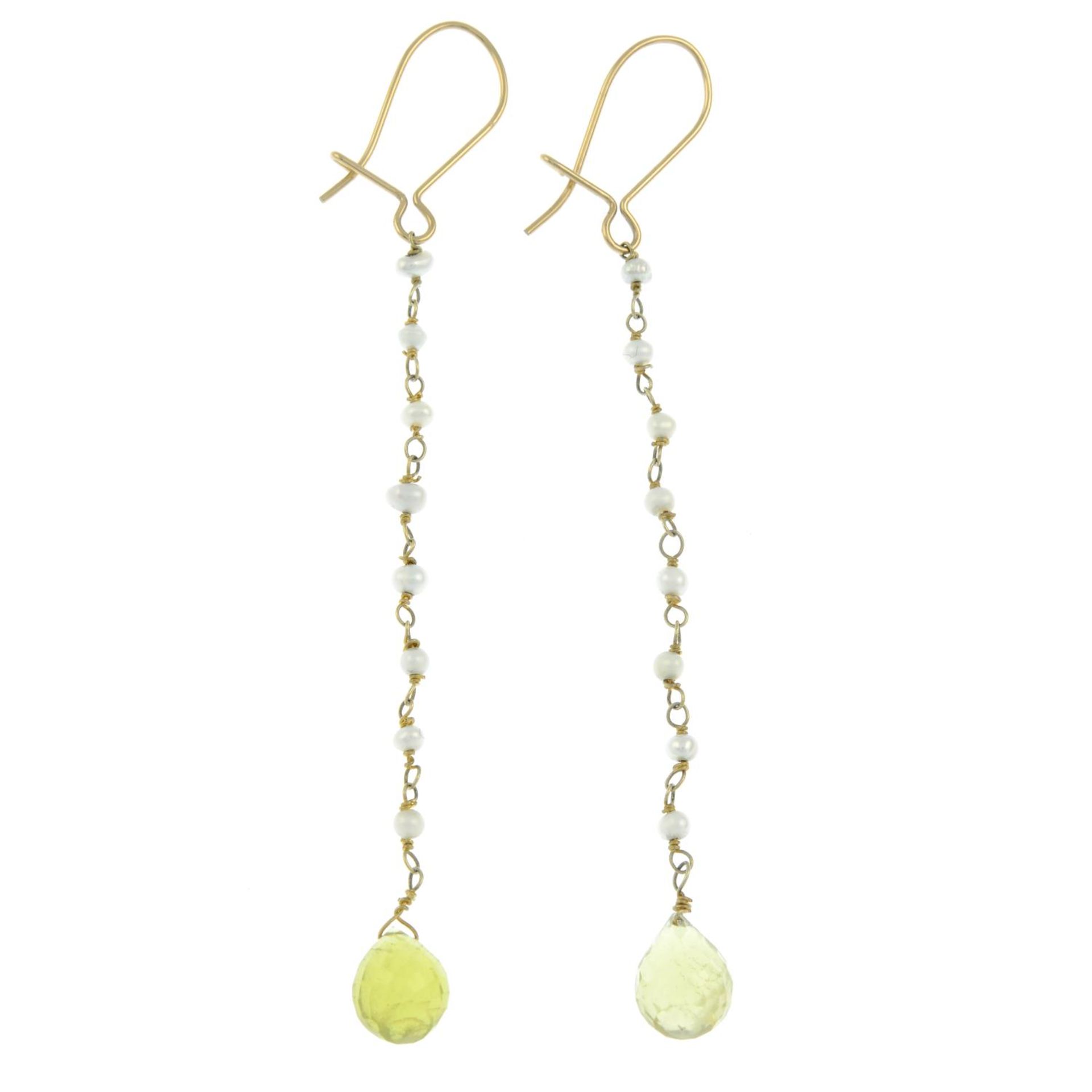 A pair of prasiolite and seed pearl drop earrings.Length 8.1cms.