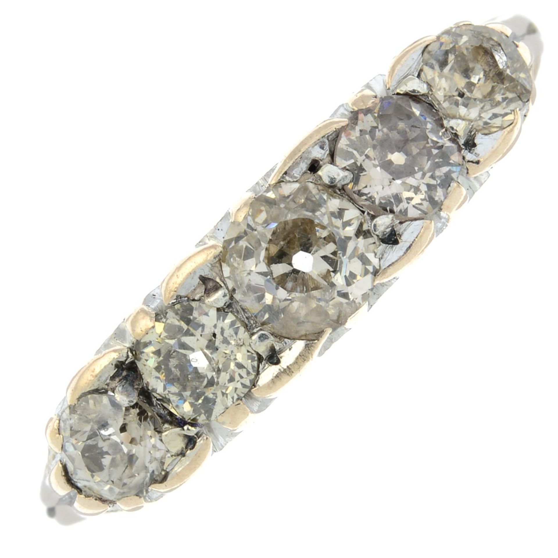 A mid 20th century 18ct gold graduated old-cut diamond five-stone ring.Estimated total diamond