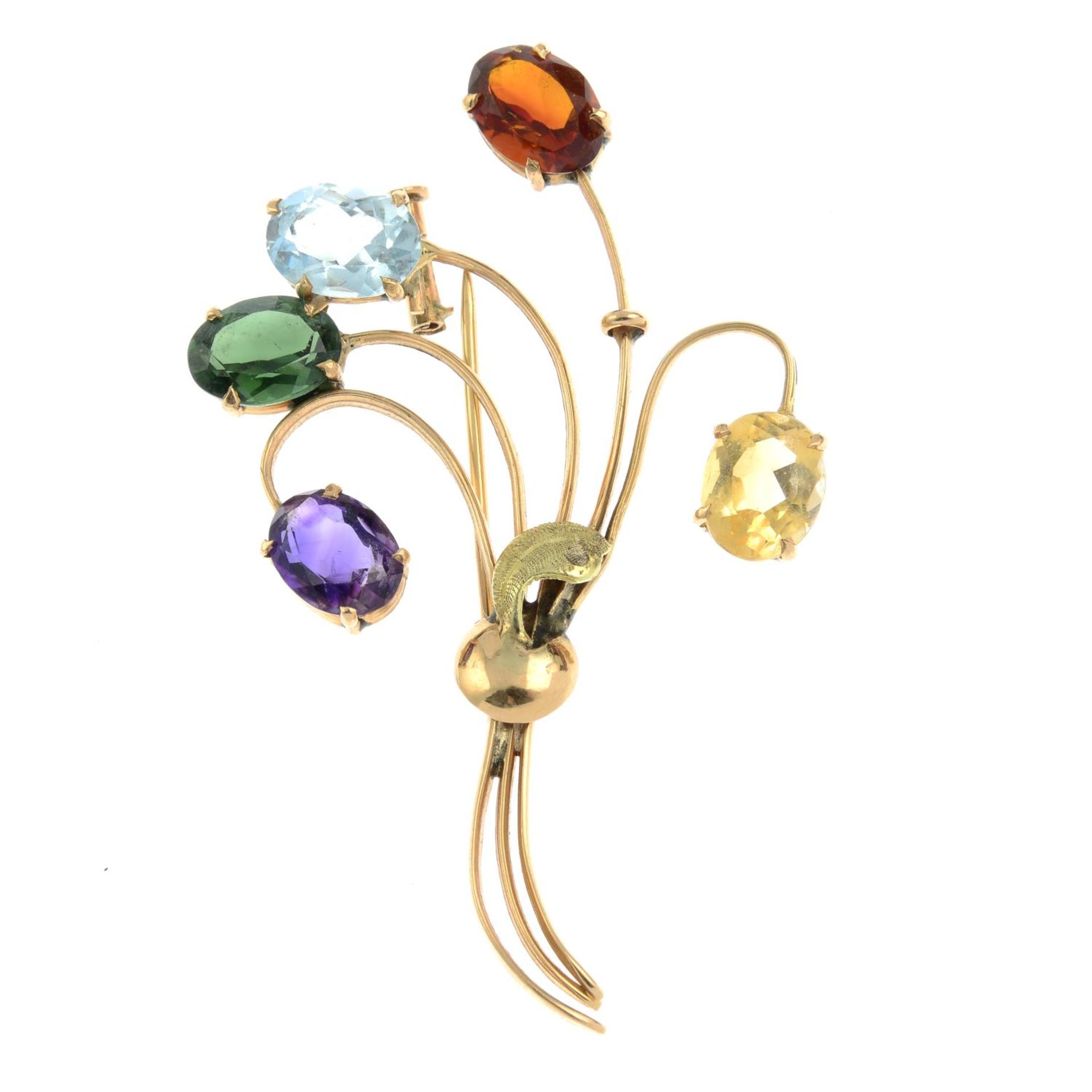 A gem-set stylised floral bouquet brooch.Gems to include amethyst,