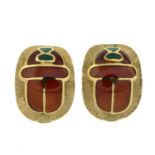 A pair of orange and green enamel scarab earrings.Length 1.3cms.