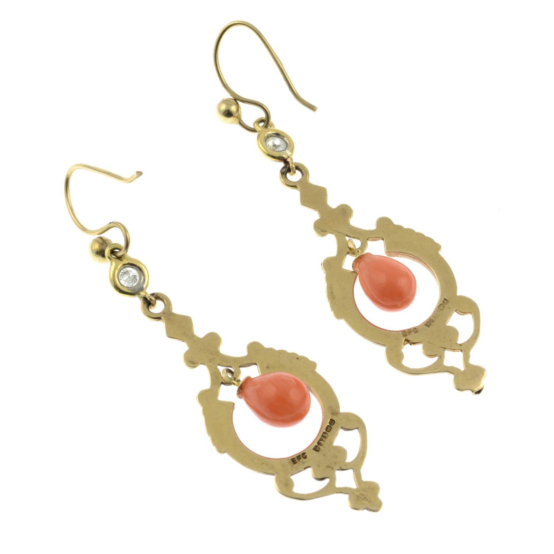 A pair of 9ct gold coral and diamond drop earrings.Estimated total diamond weight 0.15ct. - Image 2 of 2