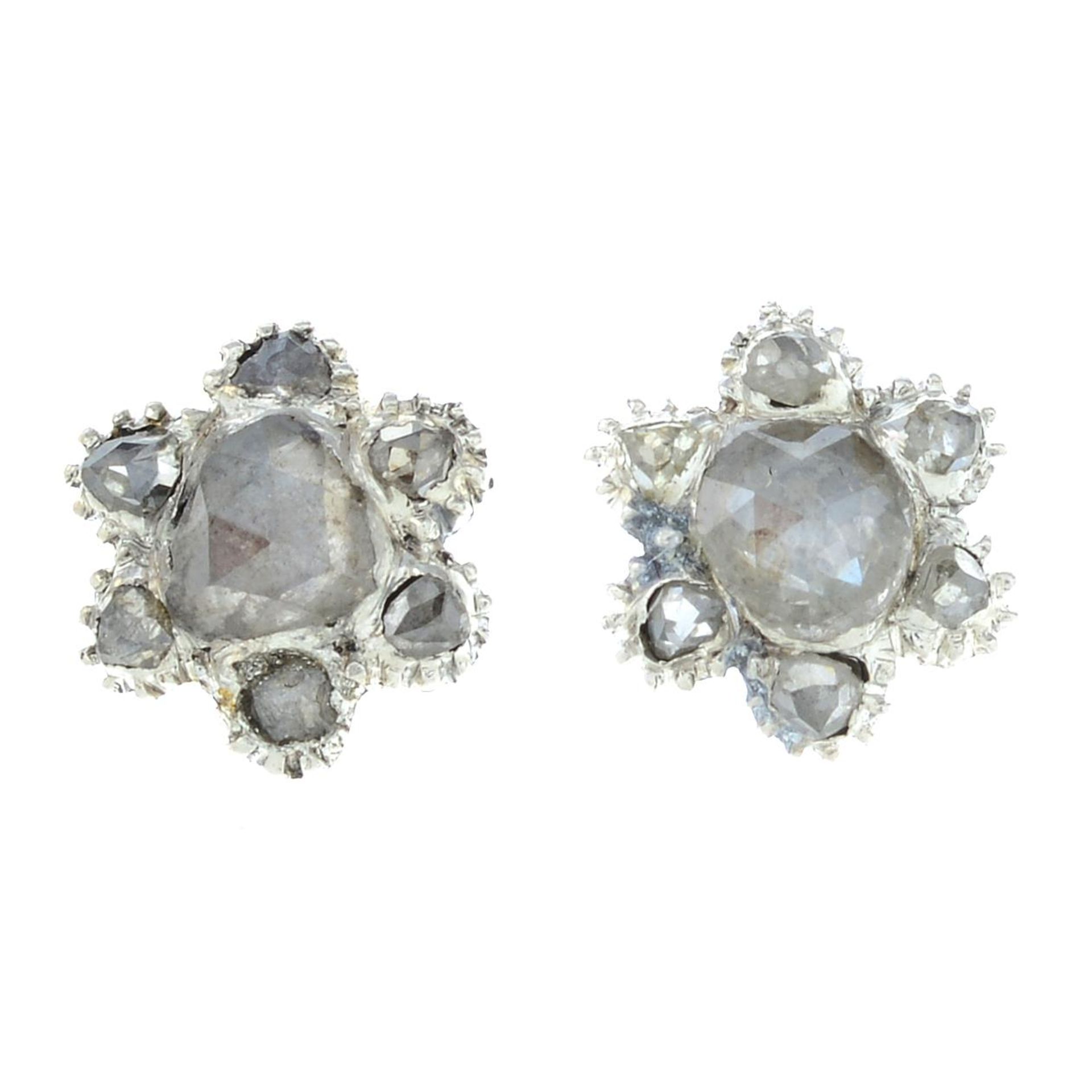A pair of rose-cut floral cluster stud earrings.Fittings stamped 375.