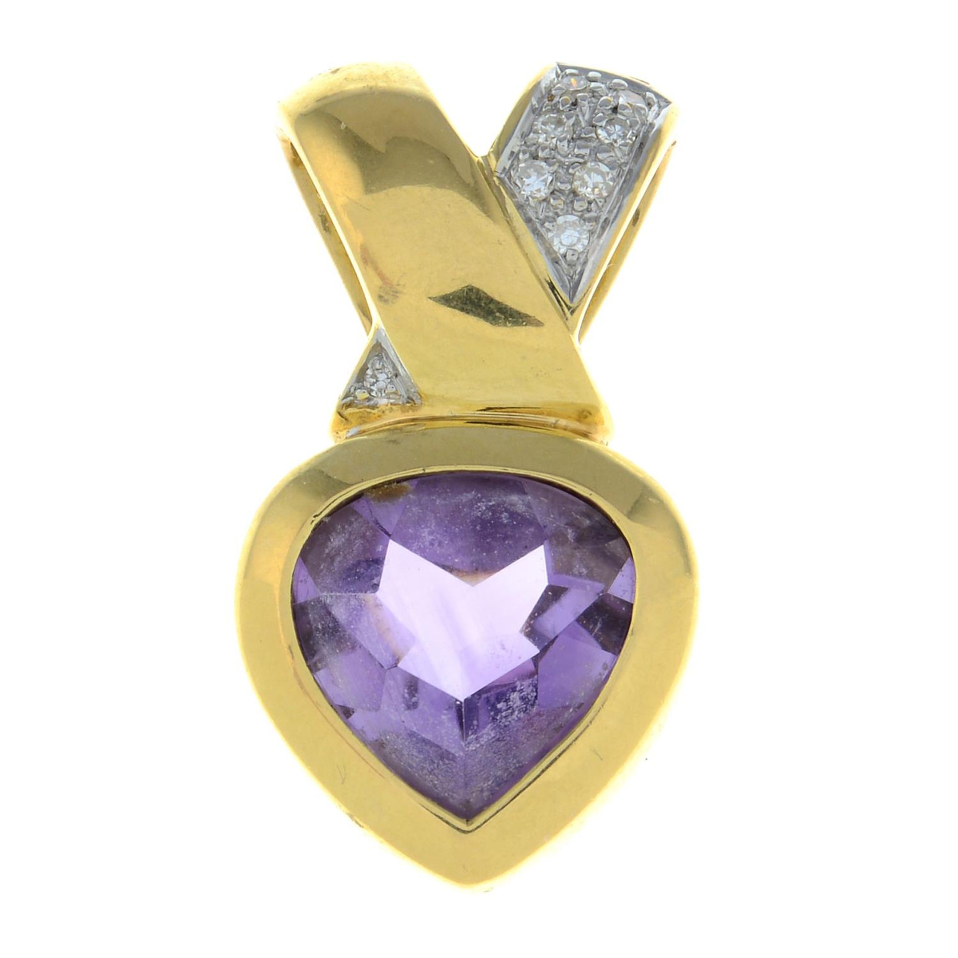 An amethyst and pave-set diamond pendant.Stamped 750.Length 2.8cms.