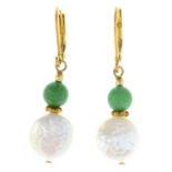 Cultured pearl and malachite drop earrings, length 3cms, total weight 2.8gms.