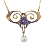 An Art Nouveau gold amethyst and mother-of-pearl necklace.