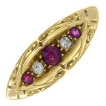 An early 20th century 18ct gold ruby and old-cut diamond five-stone ring.Hallmarks for Chester,