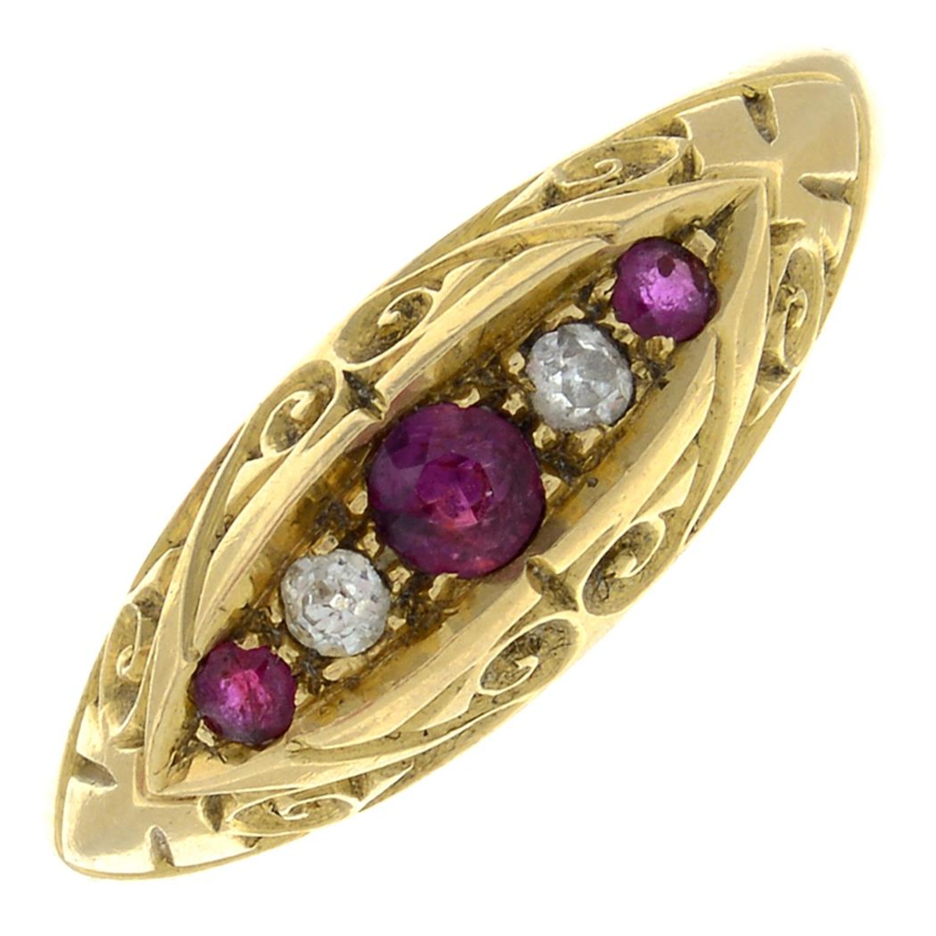 An early 20th century 18ct gold ruby and old-cut diamond five-stone ring.Hallmarks for Chester,