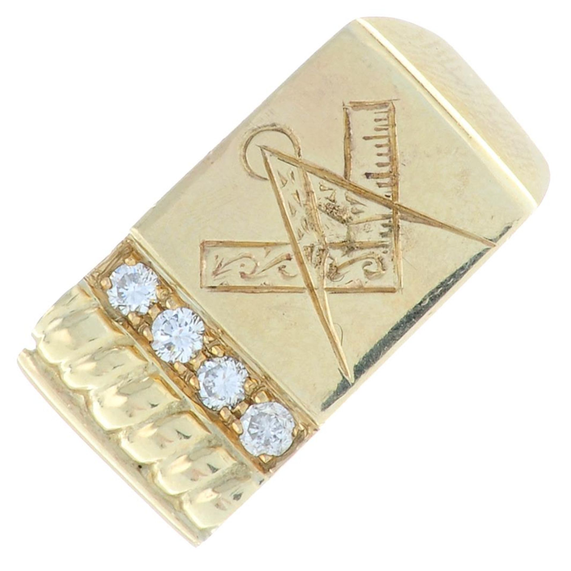 A 1940s 9ct gold diamond Masonic ring.Estimated total diamond weight 0.15ct.Hallmarks for London,