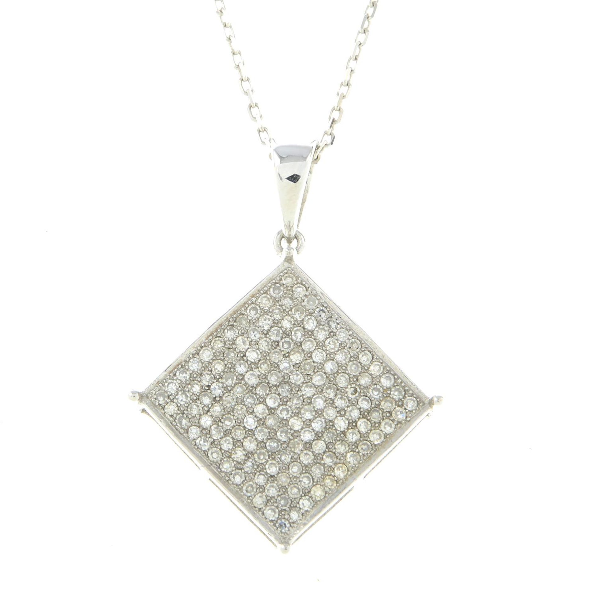 A 9ct gold diamond pendant, with 9ct gold chain.Total diamond weight 0.85ct.