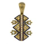 A gold split pearl and blue enamel pendant.Length 5cms.