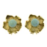 A pair of turquoise floral earrings.Stamped 585.