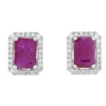 A pair of 18ct gold ruby and diamond cluster stud earringsTotal ruby weight 2.50cts.