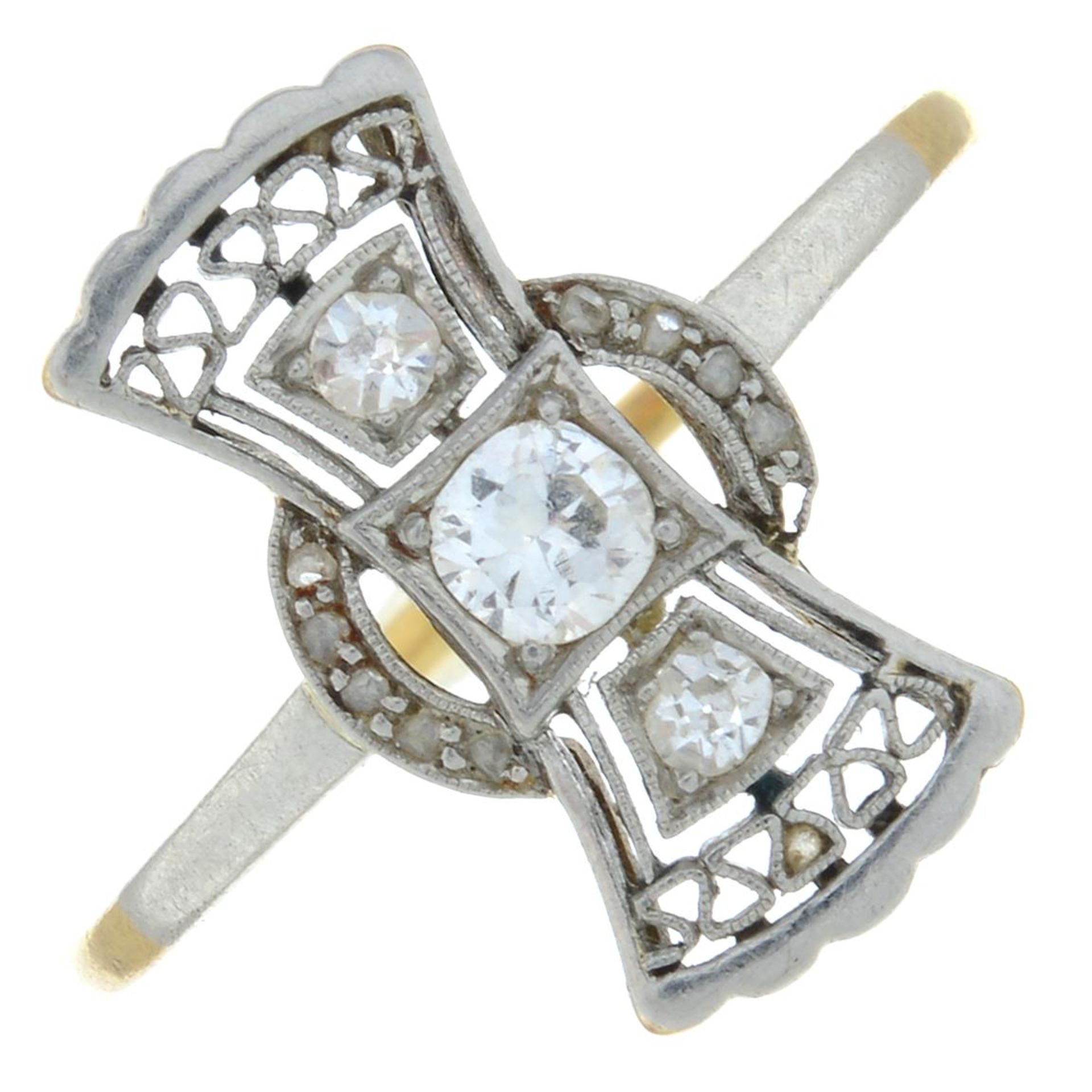 An early 20th century gold and platinum diamond dress ring.Estimated total single-cut diamond