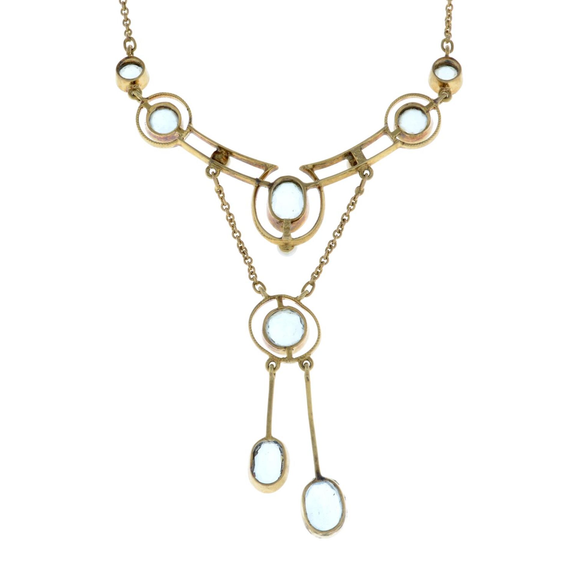 An early 20th century 15ct gold aquamarine and seed pearl drop négligée necklace, by Cropp & Farr. - Bild 2 aus 3