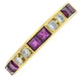 An 18ct gold ruby and brilliant-cut diamond half eternity ring.Estimated total diamond weight