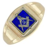 A 1970s 9ct gold blue enamel Masonic swivel ring.