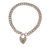 A curb-link bracelet, gathered at a 9ct gold padlock clasp.Clasp with hallmarks for 9ct gold.