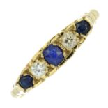 An 18ct gold sapphire and circular-cut diamond five-stone ring.Estimated total diamond weight