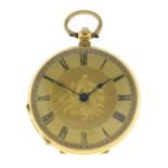 An early 20th century 18ct gold pocket watch, suspending two watch keys.Stamped K18.