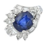 A sapphire and diamond dress ring.Estimated total diamond weight 0.90ct.Stamped 10% Irid.