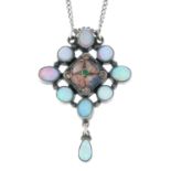 An Arts and Crafts silver opal and enamel pendant, with chain.Length of pendant 4.1cms.