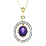 A 9ct gold amethyst and colourless zircon pendant, with 9ct gold chain.Hallmarks for 9ct gold.