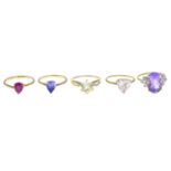 Five 9ct gold gem-set rings.Hallmarks for 9ct gold.