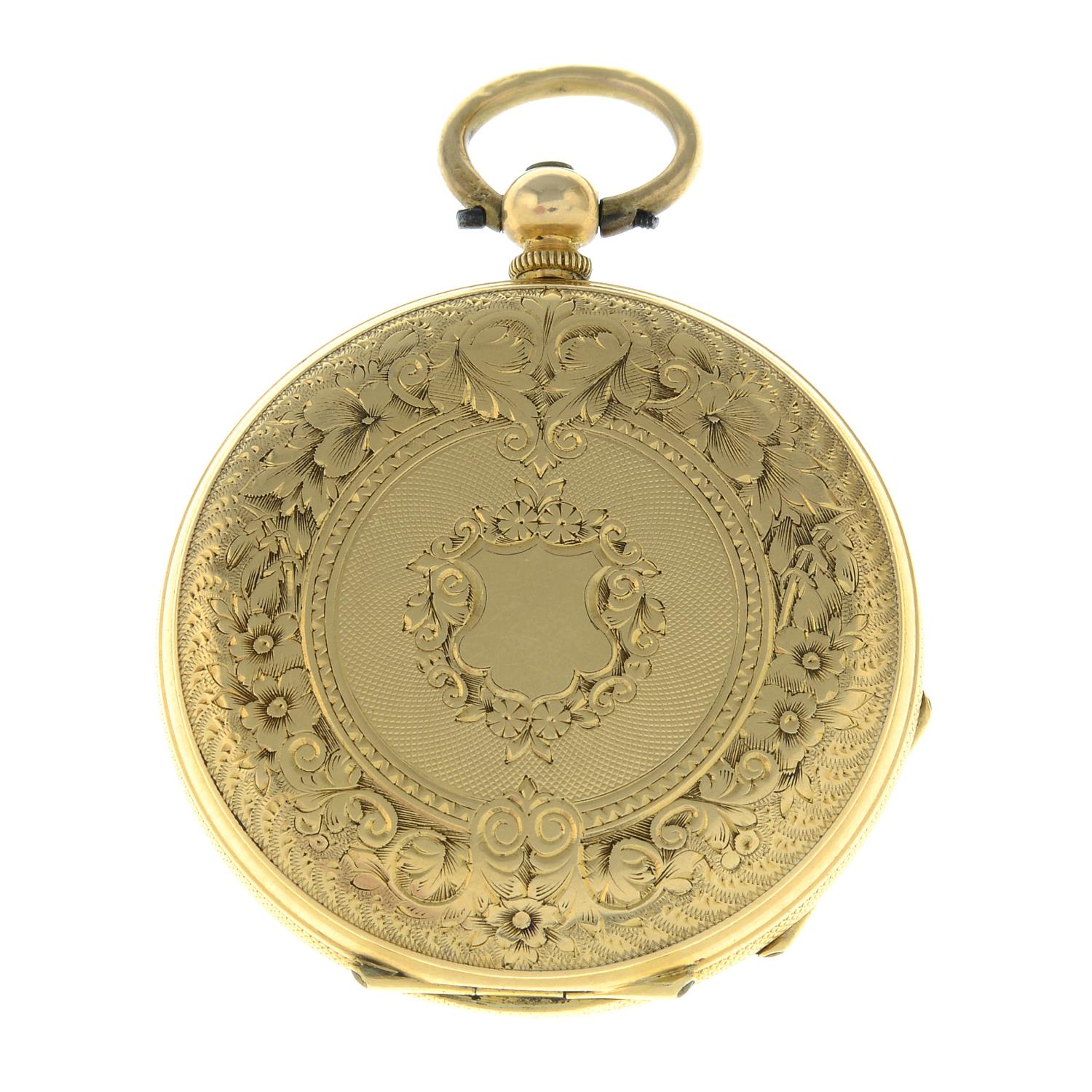 An early 20th century 18ct gold pocket watch, suspending two watch keys.Stamped K18. - Image 2 of 3