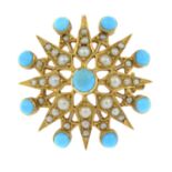 An early 20th century gold turquoise and split pearl cluster brooch.Length 2.7cms.