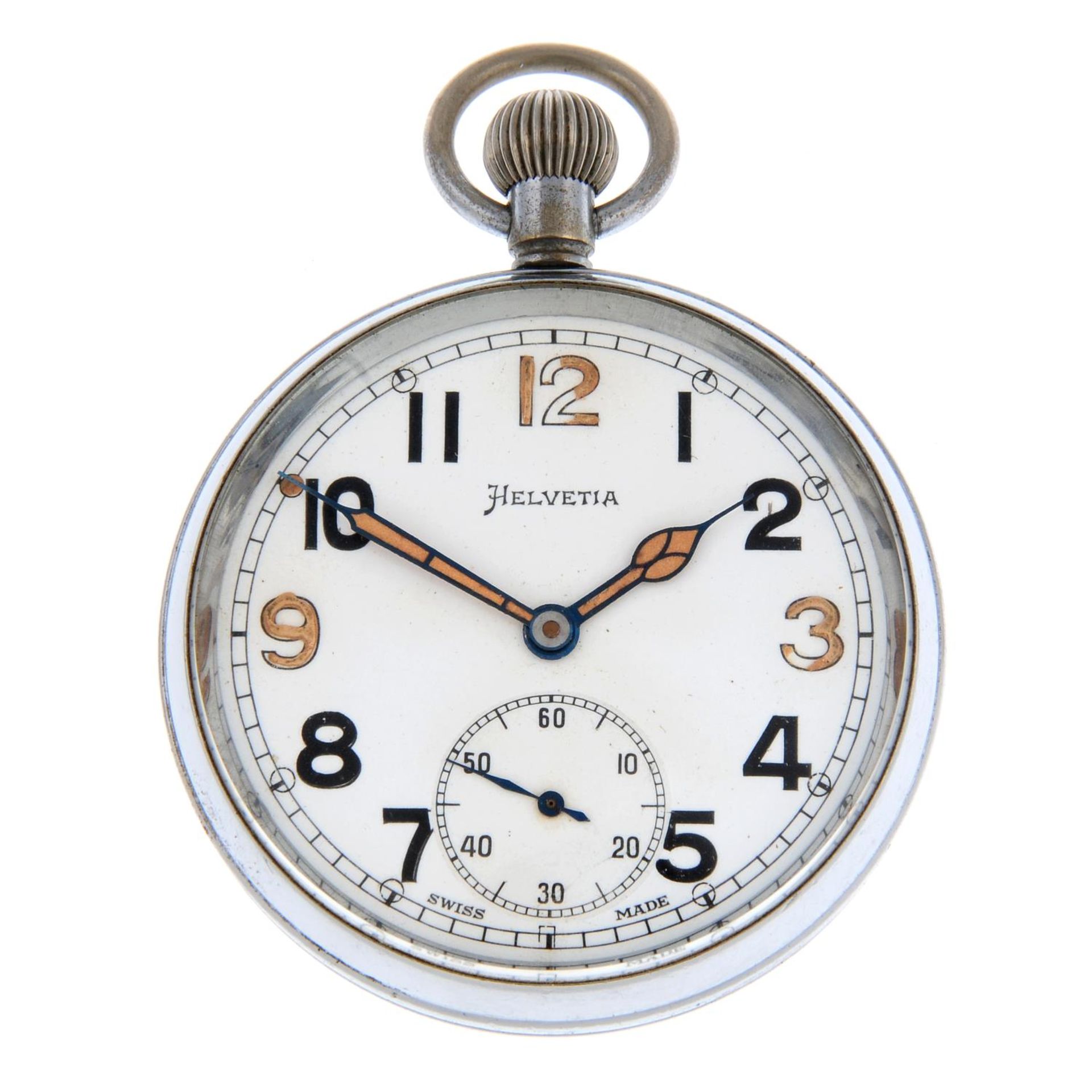 An open face military issue pocket watch by Helvetia.