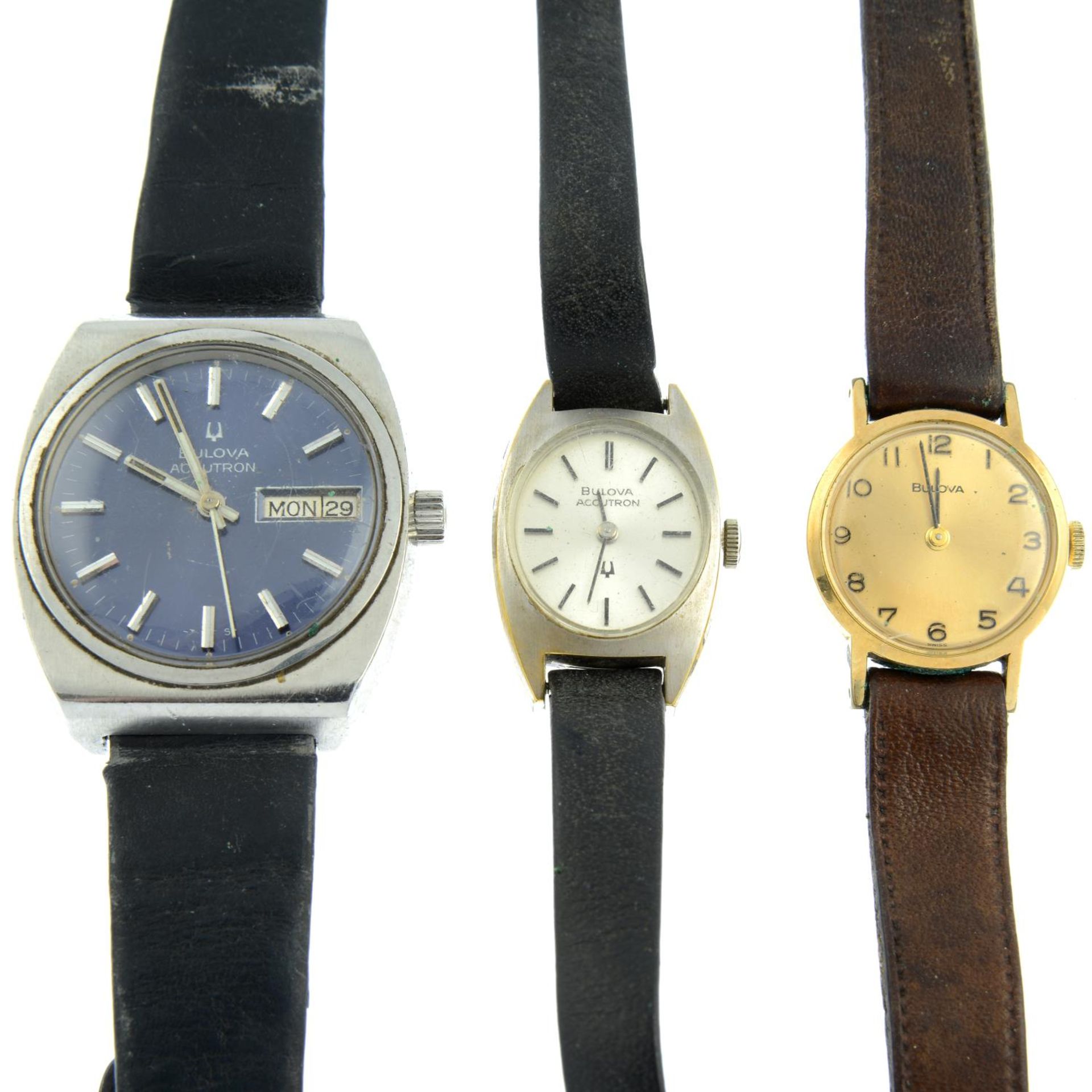 A group of five assorted Bulova watches.