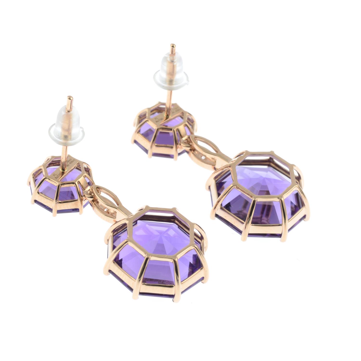 A pair of amethyst and brilliant-cut diamond earrings.Total amethyst weight 12.11cts. - Image 3 of 3