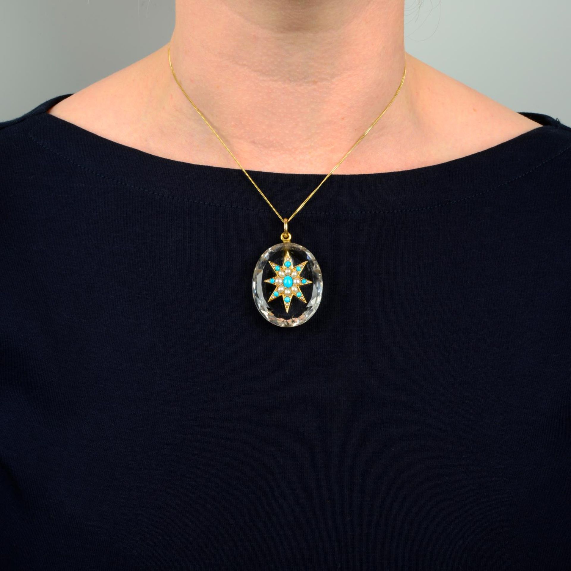 A Victorian 15ct gold rock crystal, turquoise and split pearl star pendant.Length 4.7cms. - Image 3 of 4