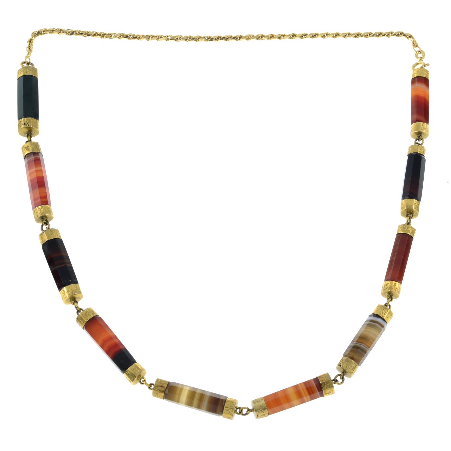 A late Victorian banded agate and bloodstone necklace, with later 9ct gold back chain. - Image 4 of 5