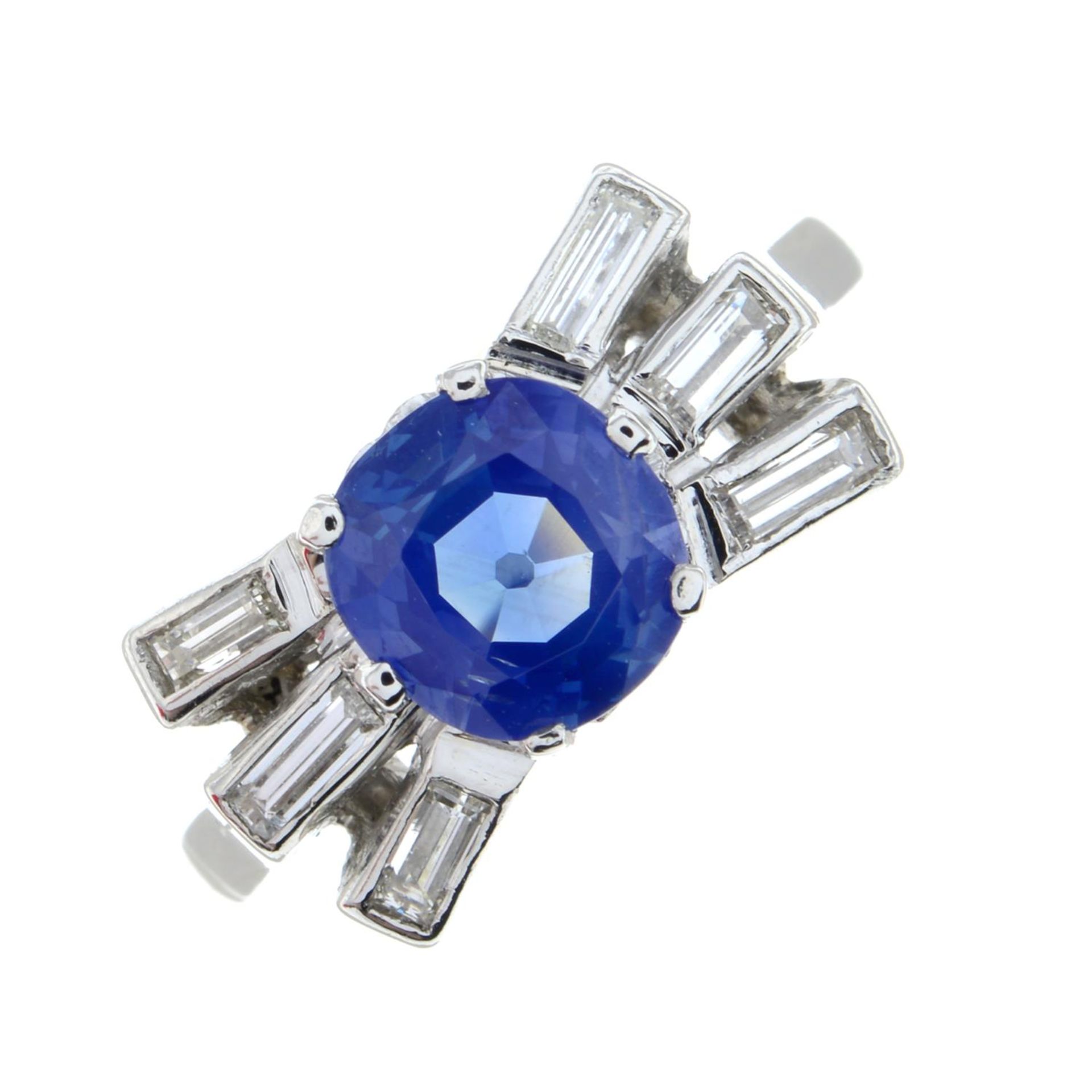 A mid 20th century platinum, Kashmir sapphire and baguette-cut diamond ring. - Image 2 of 7