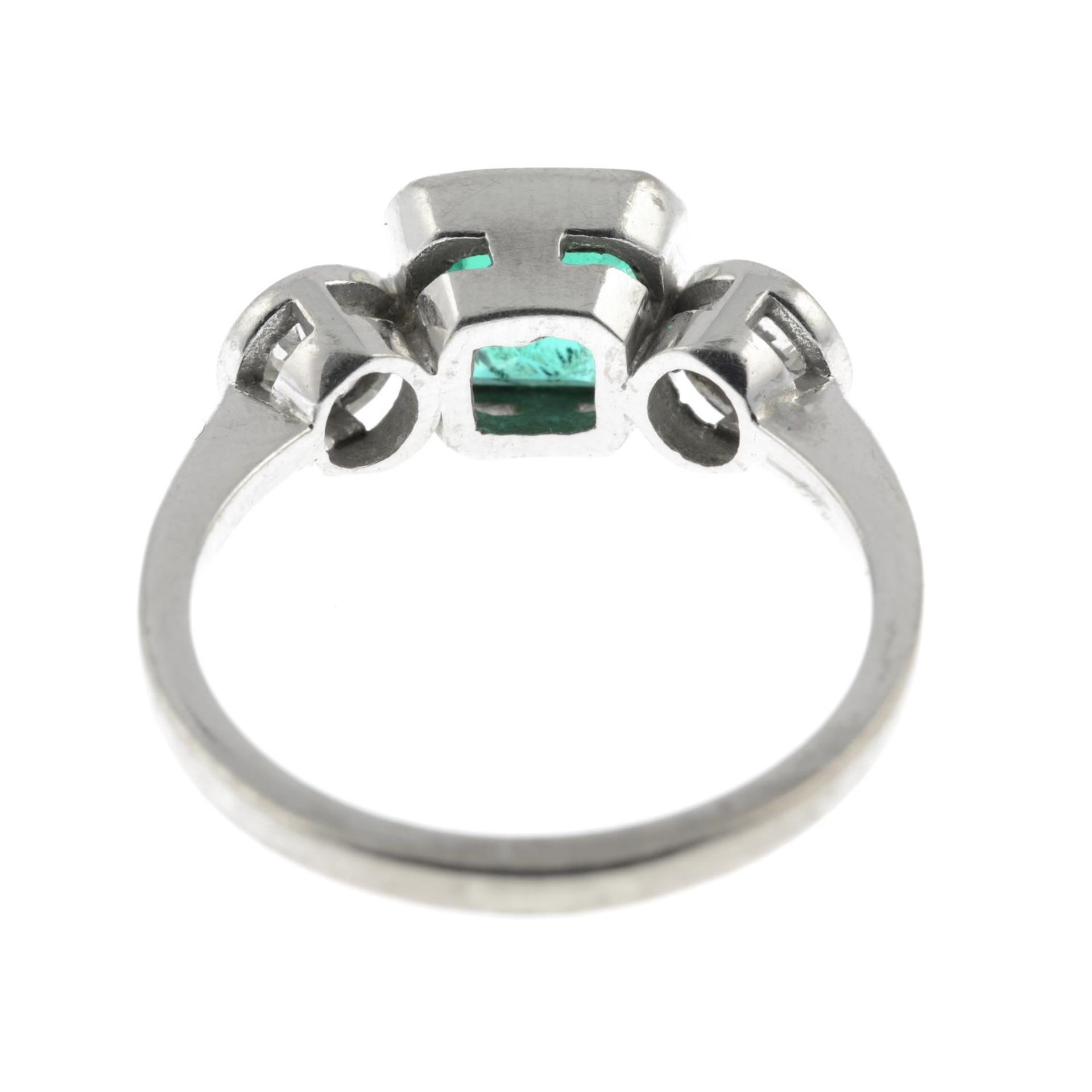 An 18ct gold emerald and old-cut diamond three-stone ring.Emerald calculated weight 1.04cts, - Image 5 of 6