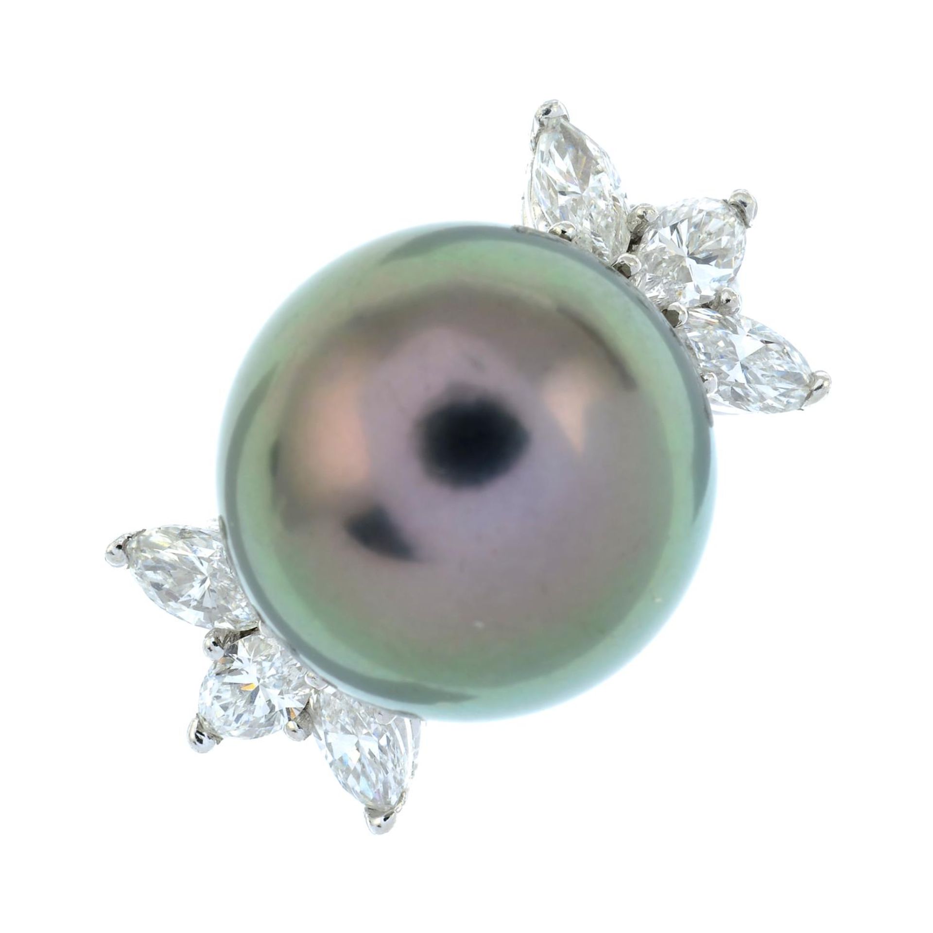 A 'Tahitian' cultured pearl and diamond cocktail ring.Estimated total diamond weight 0.90ct, - Image 2 of 6