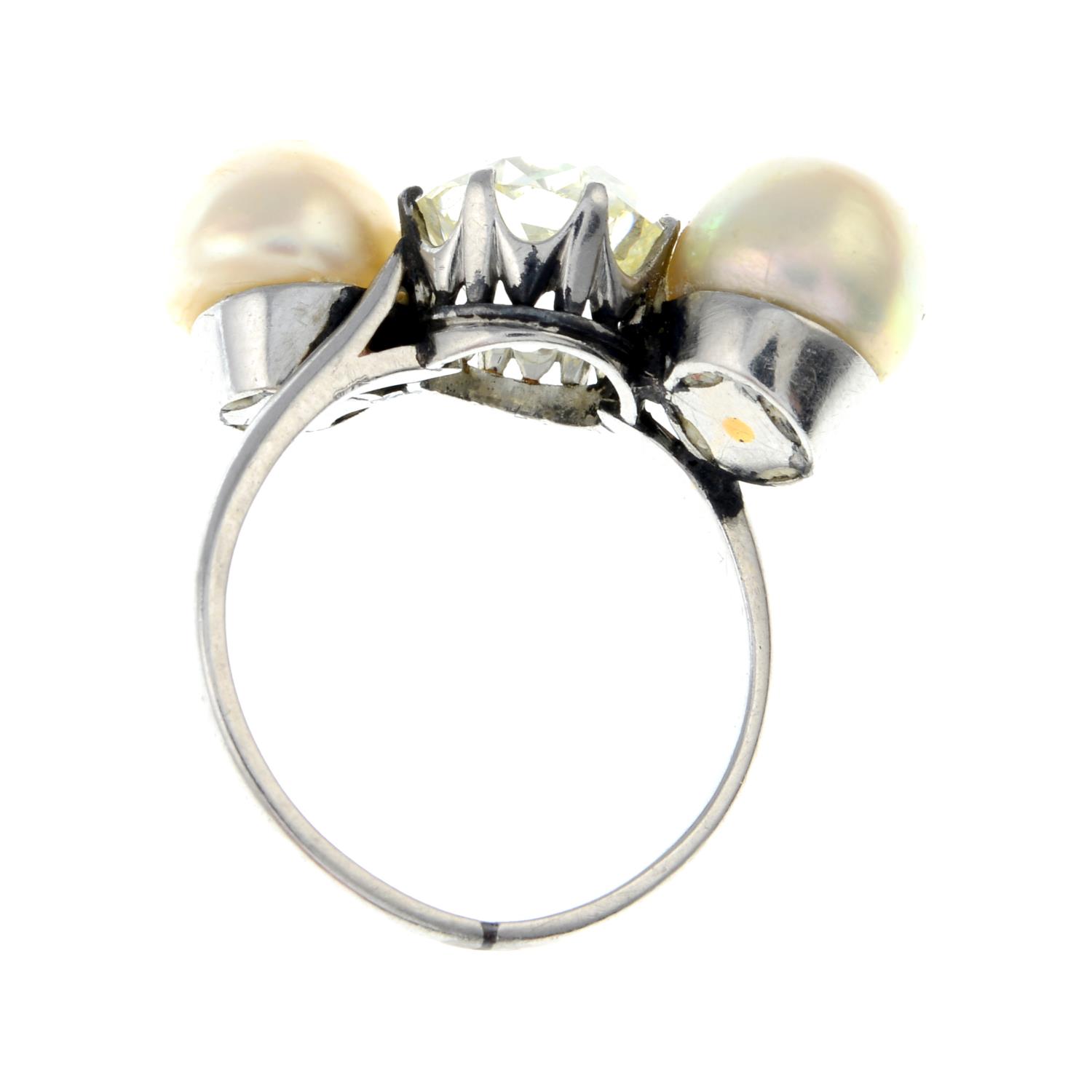 A mid 20th century platinum old-cut diamond and pearl three-stone ring. - Image 6 of 6