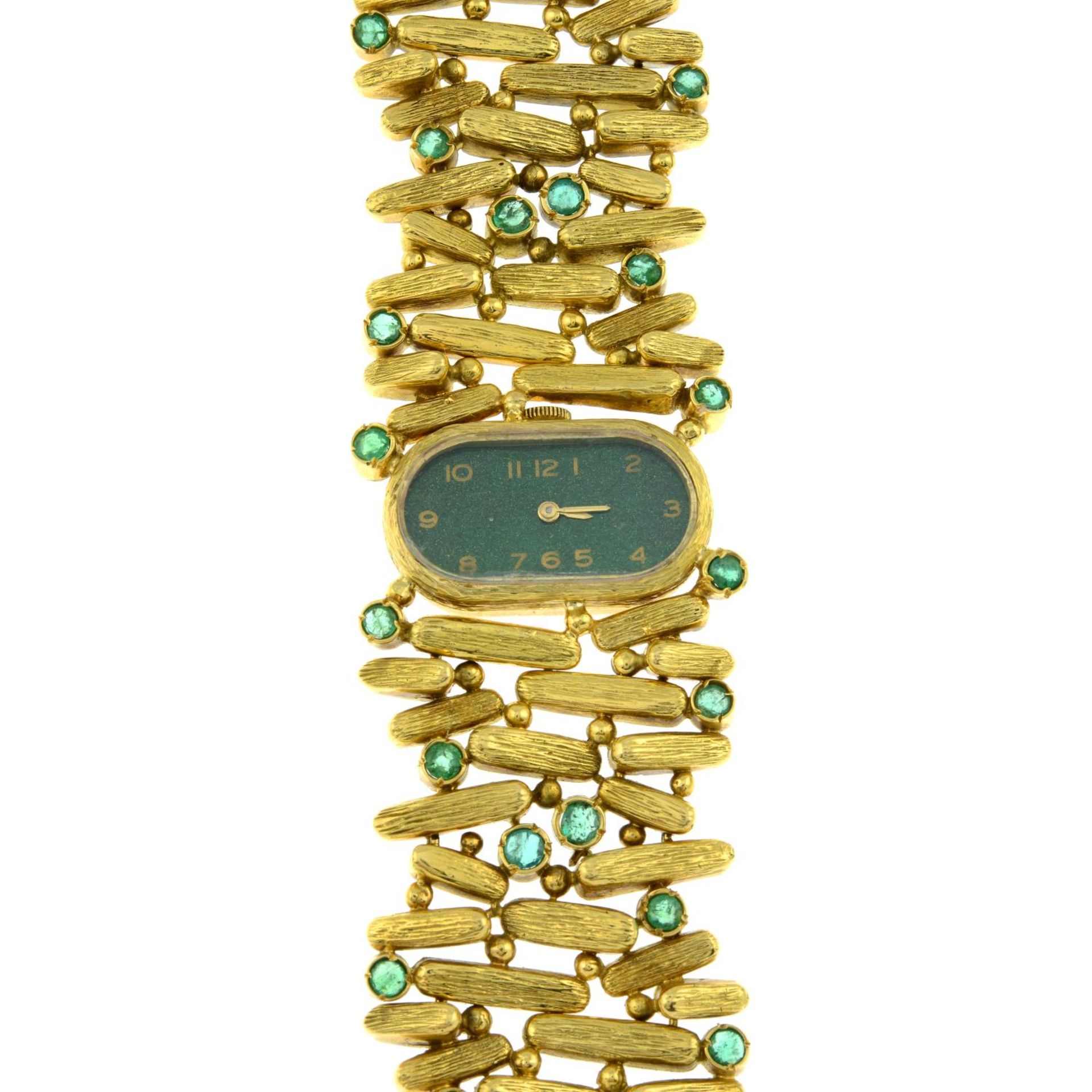 A 1970s 18ct gold emerald cocktail watch, with painted green dial.Maker's mark PG. - Image 2 of 4