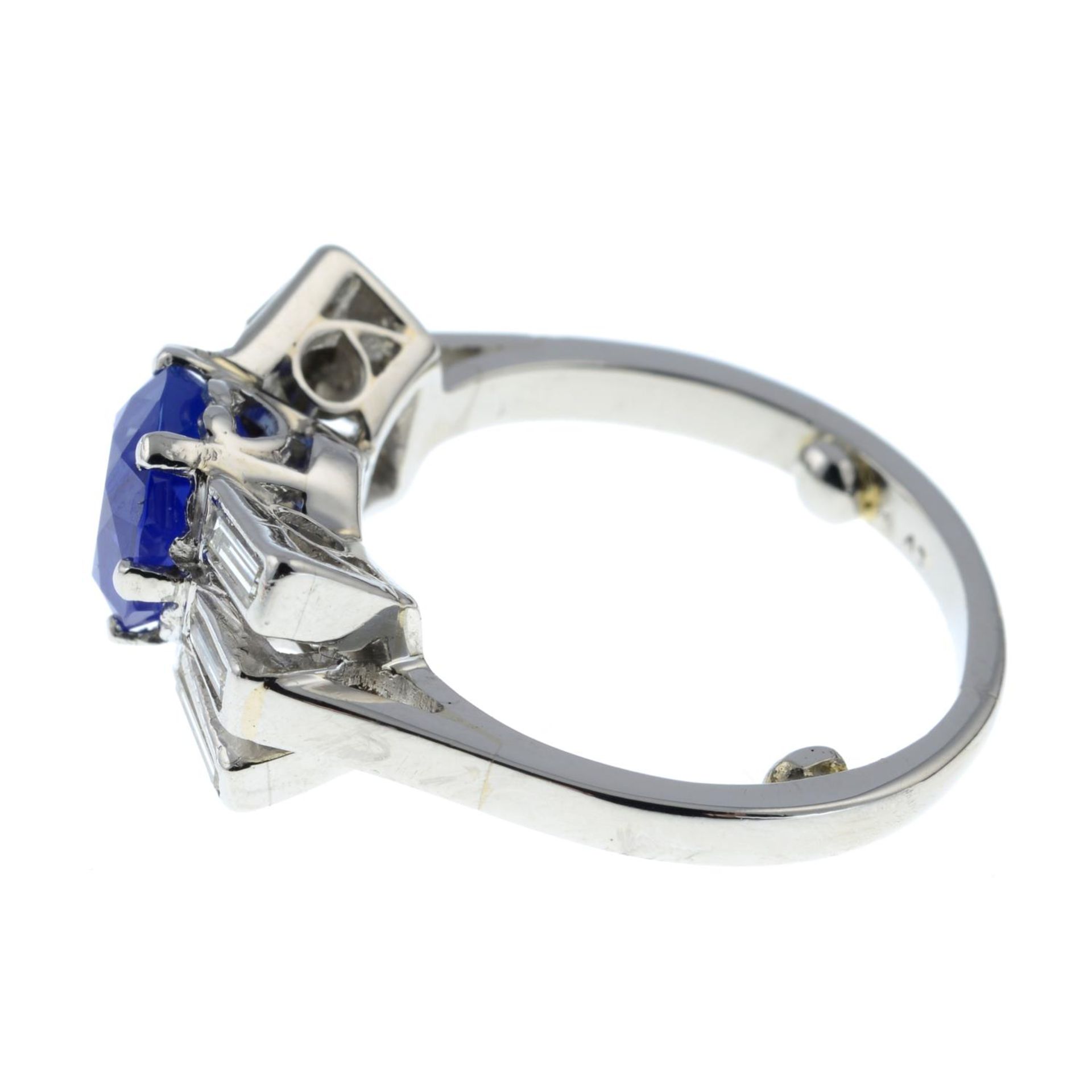 A mid 20th century platinum, Kashmir sapphire and baguette-cut diamond ring. - Image 5 of 7